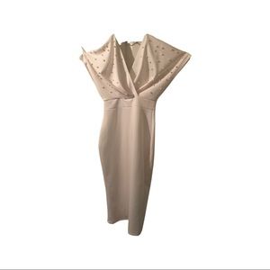 Off the shoulder pearl off white dress custom with gold zipper in back